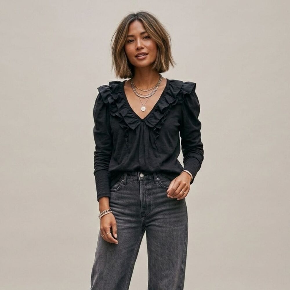 Anthropologie Top Black Ruffle V Neck Long Sleeve Romantic Blouse Women Medium - Picture 1 of 10